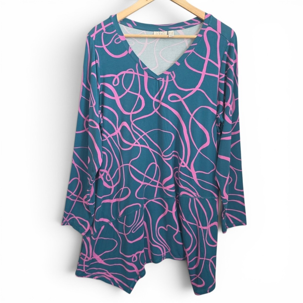 LOGO Lori Goldstein Top Womens Plus 1X Teal Purple Tunic V Neck Casual Ladies